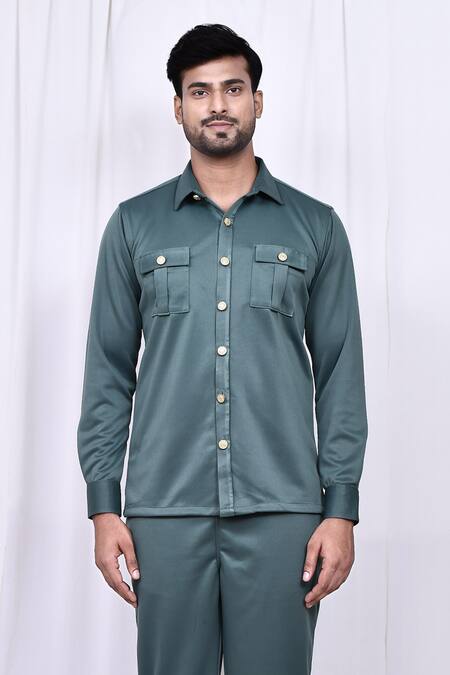 Buy_Arihant Rai Sinha_Green Suede Solid Shirt And Pant Set _Online_at_Aza_Fashions