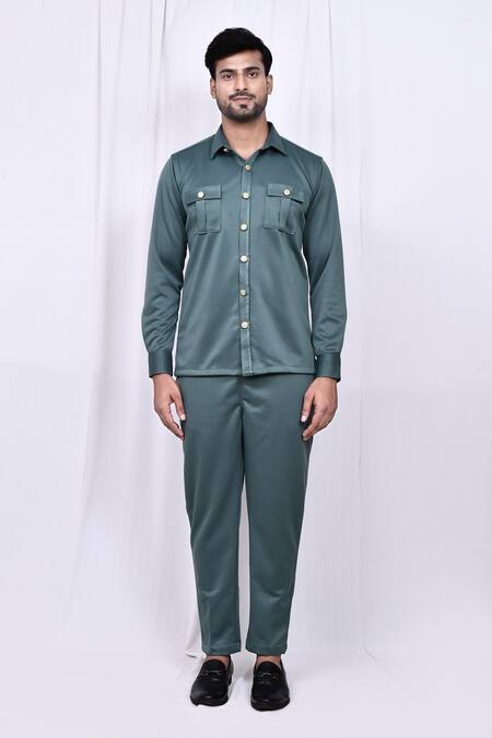 Shop_Arihant Rai Sinha_Green Suede Solid Shirt And Pant Set _Online_at_Aza_Fashions
