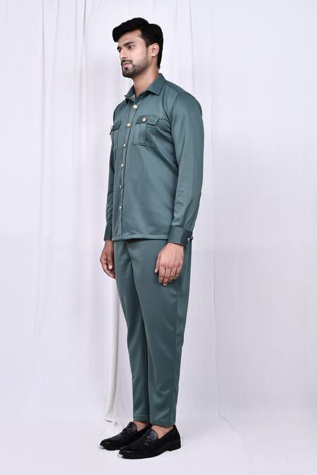 Arihant Rai Sinha_Green Suede Solid Shirt And Pant Set _at_Aza_Fashions