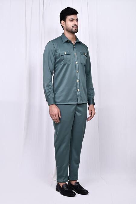 Buy_Arihant Rai Sinha_Green Suede Solid Shirt And Pant Set 