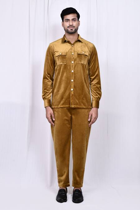 Shop_Arihant Rai Sinha_Brown Velvet Button Down Shirt And Pant Set _Online_at_Aza_Fashions