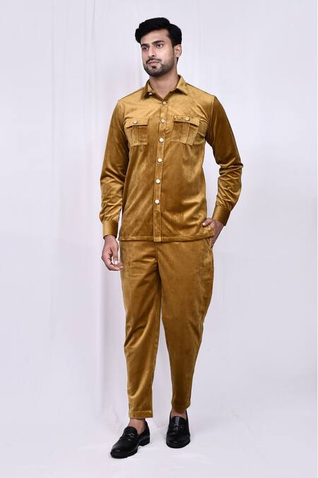 Shop_Arihant Rai Sinha_Brown Velvet Button Down Shirt And Pant Set 