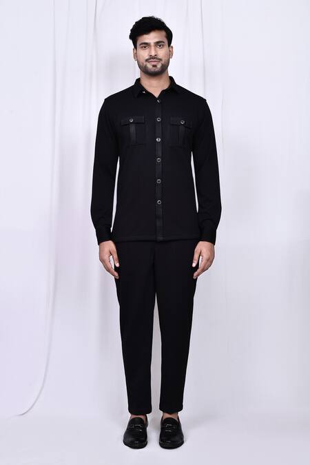 Buy_Arihant Rai Sinha_Black Lycra Solid Button Down Shirt And Pant Set _Online_at_Aza_Fashions