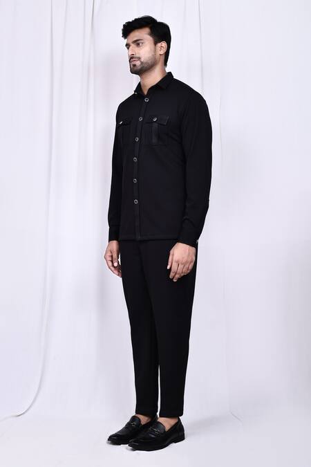 Shop_Arihant Rai Sinha_Black Lycra Solid Button Down Shirt And Pant Set _Online_at_Aza_Fashions