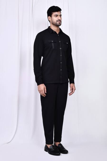 Arihant Rai Sinha_Black Lycra Solid Button Down Shirt And Pant Set _at_Aza_Fashions