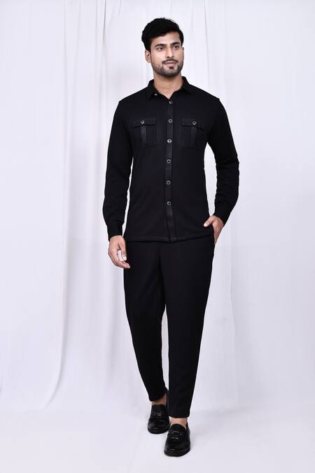 Buy_Arihant Rai Sinha_Black Lycra Solid Button Down Shirt And Pant Set 