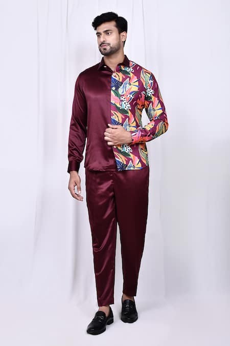 Arihant Rai Sinha Maroon Shirt Satin Cotton Solid Button Down Long Sleeve And Pant Set 