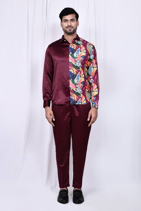 Buy_Arihant Rai Sinha_Maroon Satin, Cotton Solid Button Down Long Sleeve Shirt And Pant Set _Online_at_Aza_Fashions