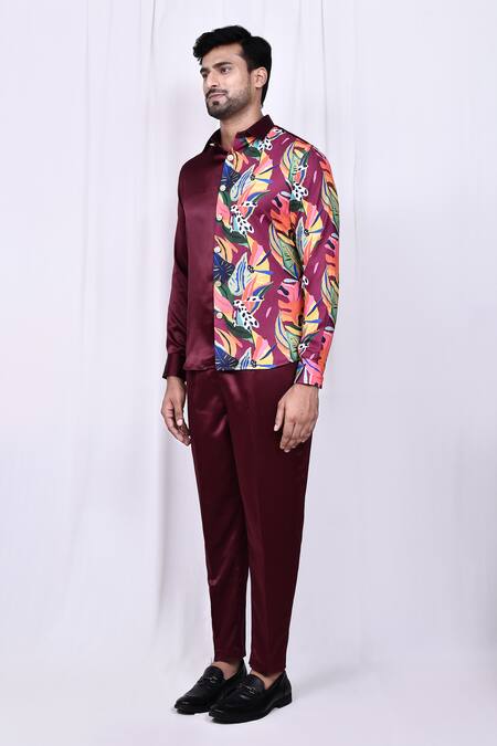 Shop_Arihant Rai Sinha_Maroon Satin, Cotton Solid Button Down Long Sleeve Shirt And Pant Set _Online_at_Aza_Fashions