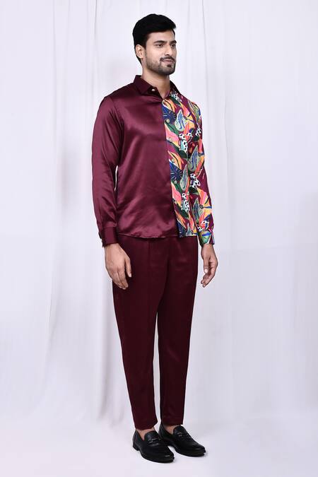 Arihant Rai Sinha_Maroon Satin, Cotton Solid Button Down Long Sleeve Shirt And Pant Set _at_Aza_Fashions