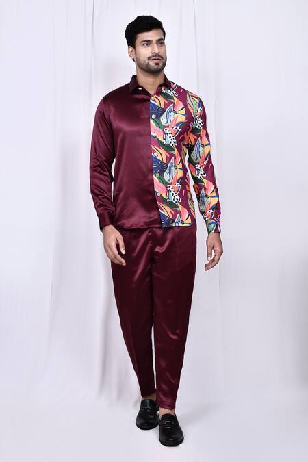 Buy_Arihant Rai Sinha_Maroon Satin, Cotton Solid Button Down Long Sleeve Shirt And Pant Set 