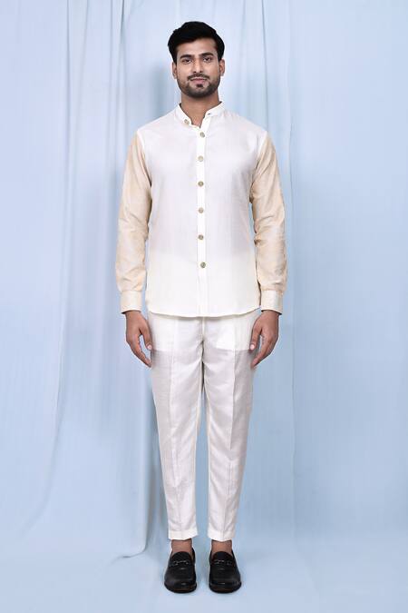 Buy_Arihant Rai Sinha_White Silk Button Down Band Collar Shirt And Pant Set _Online_at_Aza_Fashions