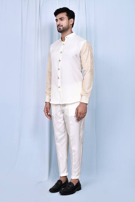 Shop_Arihant Rai Sinha_White Silk Button Down Band Collar Shirt And Pant Set _Online_at_Aza_Fashions