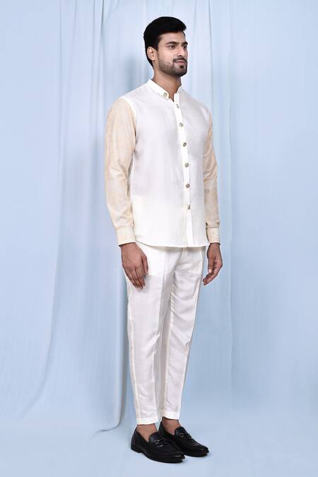 Arihant Rai Sinha_White Silk Button Down Band Collar Shirt And Pant Set _at_Aza_Fashions