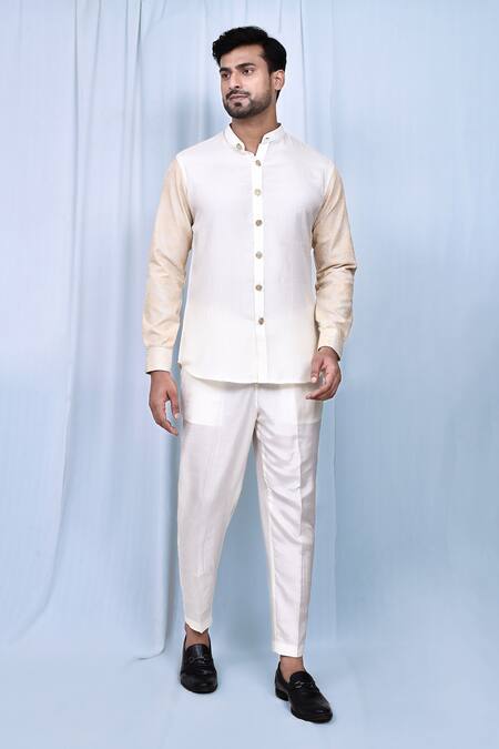 Buy_Arihant Rai Sinha_White Silk Button Down Band Collar Shirt And Pant Set 