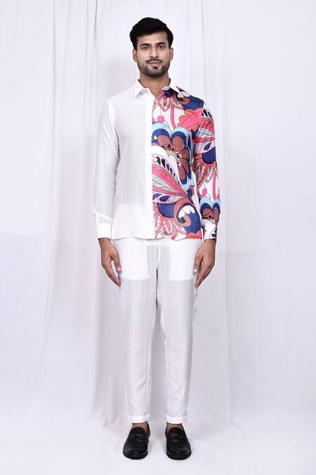 Shop_Arihant Rai Sinha_White Satin, Cotton Floral Print Shirt And Pant Set _Online_at_Aza_Fashions