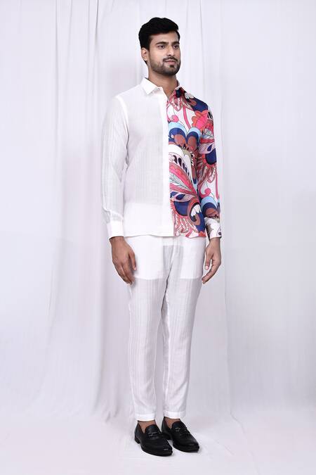 Arihant Rai Sinha_White Satin, Cotton Floral Print Shirt And Pant Set _at_Aza_Fashions