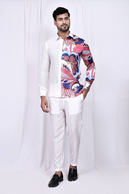 Buy_Arihant Rai Sinha_White Satin, Cotton Floral Print Shirt And Pant Set 