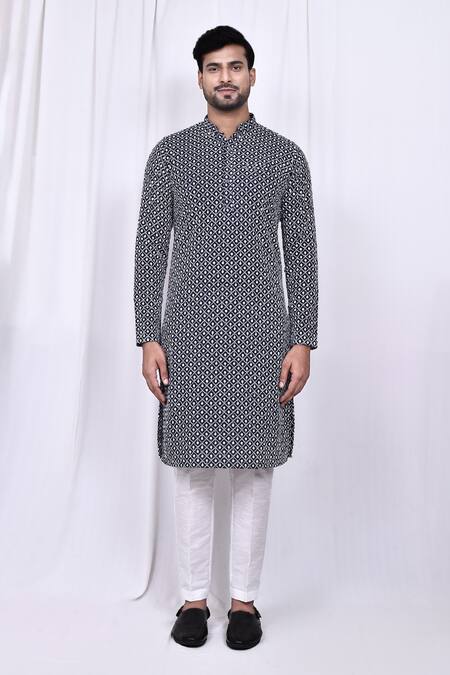 Buy_Arihant Rai Sinha_Black Cotton, Silk Embroidery Thread Kurta And Pant Set _Online_at_Aza_Fashions