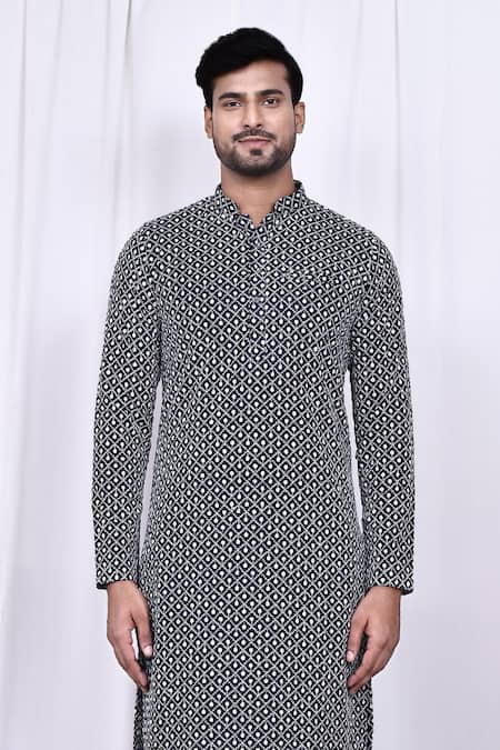Shop_Arihant Rai Sinha_Black Cotton, Silk Embroidery Thread Kurta And Pant Set _Online_at_Aza_Fashions