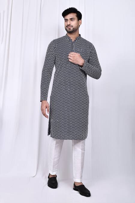 Shop_Arihant Rai Sinha_Black Cotton, Silk Embroidery Thread Kurta And Pant Set 
