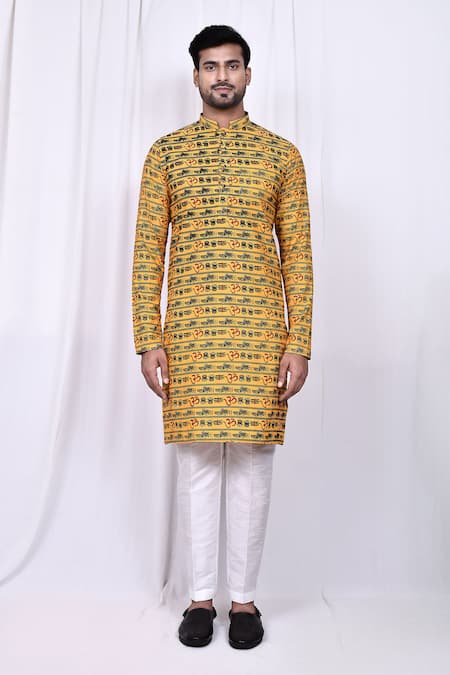 Arihant Rai Sinha_Yellow Cotton, Silk Embroidery Printed Kurta And Pant Set _Online_at_Aza_Fashions