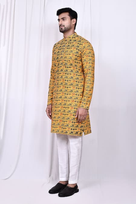 Buy_Arihant Rai Sinha_Yellow Cotton, Silk Embroidery Printed Kurta And Pant Set _Online_at_Aza_Fashions