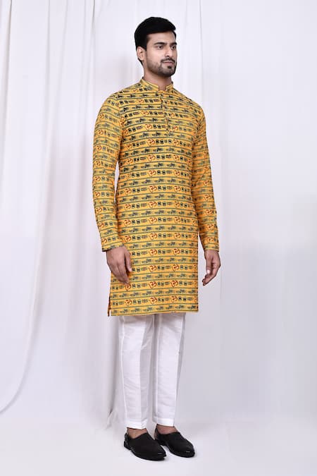 Shop_Arihant Rai Sinha_Yellow Cotton, Silk Embroidery Printed Kurta And Pant Set _Online_at_Aza_Fashions