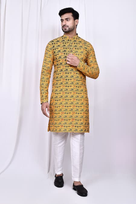 Arihant Rai Sinha_Yellow Cotton, Silk Embroidery Printed Kurta And Pant Set _at_Aza_Fashions