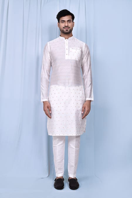 Buy_Arihant Rai Sinha_White Silk Embroidery Kurta And Pant Set _Online_at_Aza_Fashions