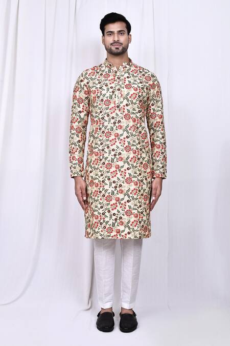 Buy_Arihant Rai Sinha_Multi Color Silk, Cotton Embroidery Gardenia Bloom Kurta With Pant _Online_at_Aza_Fashions