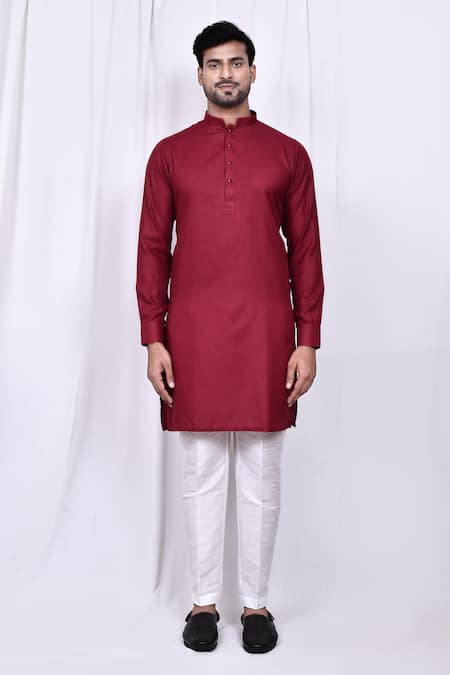 Buy_Arihant Rai Sinha_Maroon Linen, Cotton Solid Kurta With Pant _Online_at_Aza_Fashions