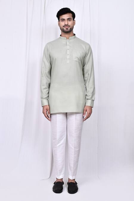 Buy_Arihant Rai Sinha_Grey Linen, Cotton Solid Short Kurta With Pant _Online_at_Aza_Fashions
