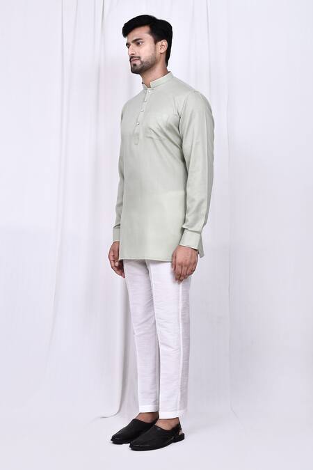 Shop_Arihant Rai Sinha_Grey Linen, Cotton Solid Short Kurta With Pant _Online_at_Aza_Fashions