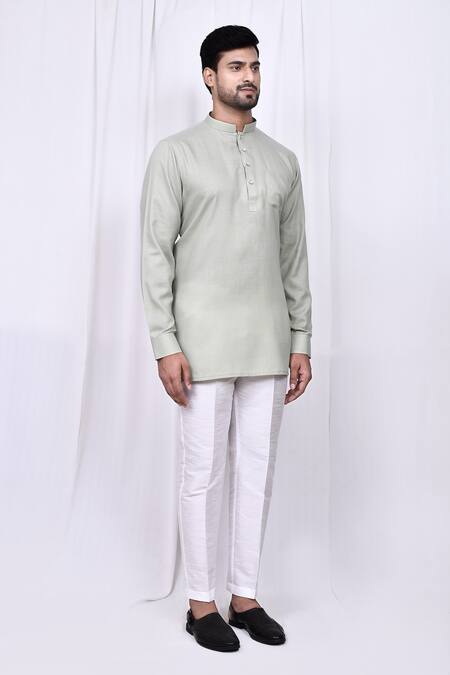 Arihant Rai Sinha_Grey Linen, Cotton Solid Short Kurta With Pant _at_Aza_Fashions