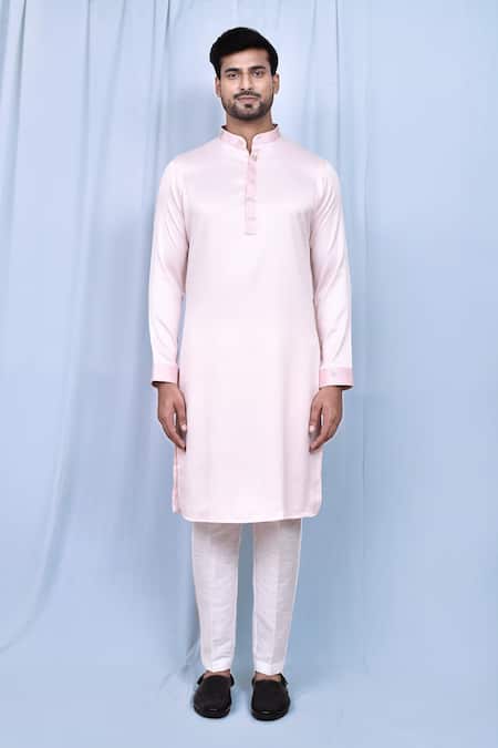 Shop_Arihant Rai Sinha_Pink Satin, Cotton Embroidery Floral Placket Kurta With Pant _Online_at_Aza_Fashions