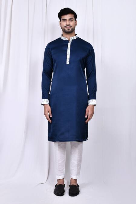 Shop_Arihant Rai Sinha_Blue Satin, Cotton Embroidery Floral Placket Kurta With Pant _Online_at_Aza_Fashions