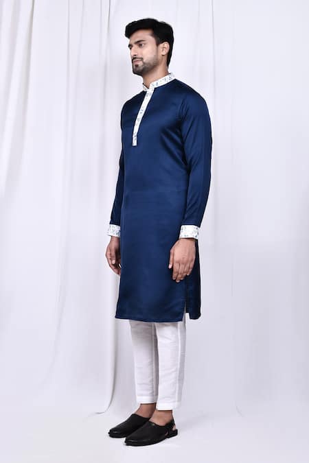 Arihant Rai Sinha_Blue Satin, Cotton Embroidery Floral Placket Kurta With Pant _at_Aza_Fashions
