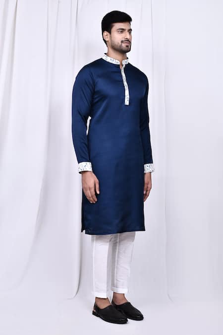 Buy_Arihant Rai Sinha_Blue Satin, Cotton Embroidery Floral Placket Kurta With Pant 