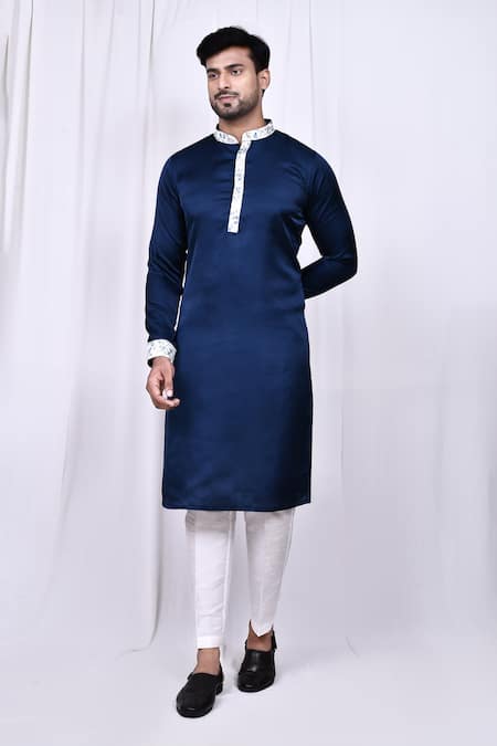 Shop_Arihant Rai Sinha_Blue Satin, Cotton Embroidery Floral Placket Kurta With Pant 