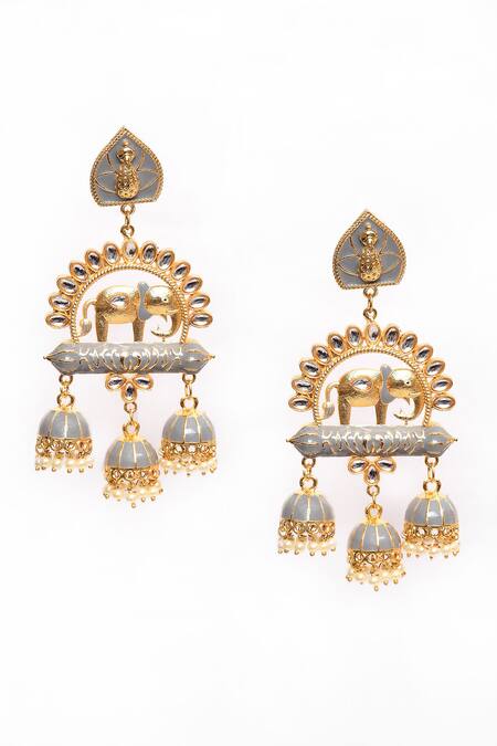 Nazaakat By Samara Singh_Grey Pearls, Stones, Embroidery Enamelled Elephant Pattern Jhumkas _Online_at_Aza_Fashions