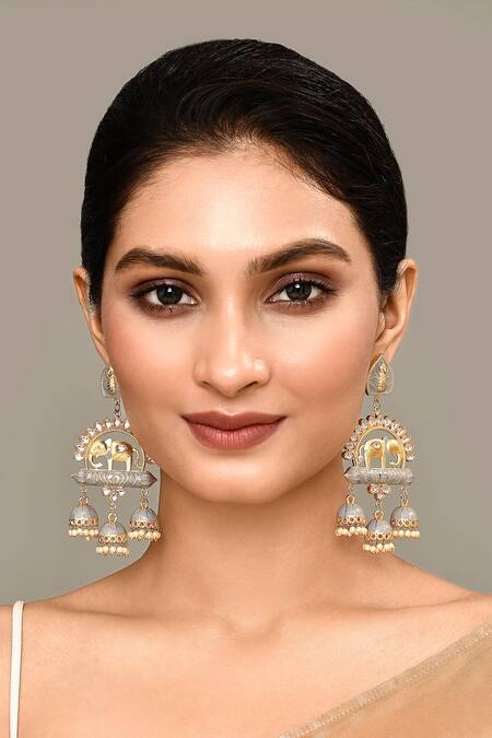 Shop_Nazaakat By Samara Singh_Grey Pearls, Stones, Embroidery Enamelled Elephant Pattern Jhumkas _Online_at_Aza_Fashions