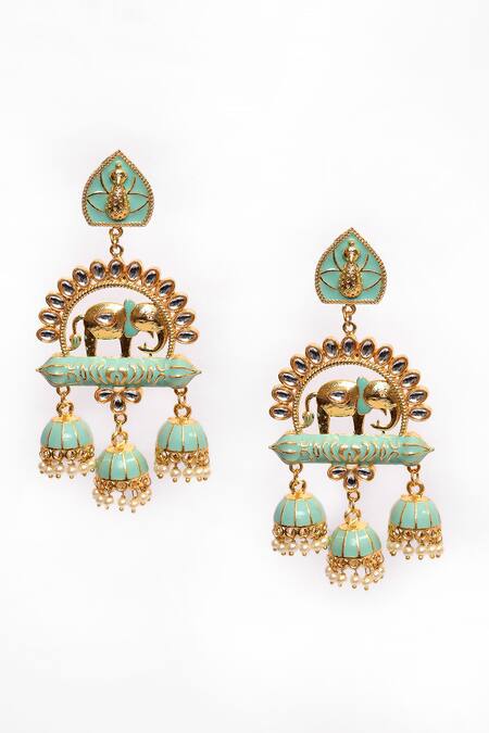 Nazaakat By Samara Singh_Green Elephant Pattern Enamelled Jhumkas _Online_at_Aza_Fashions