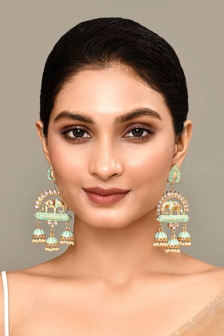 Shop_Nazaakat By Samara Singh_Green Elephant Pattern Enamelled Jhumkas _Online_at_Aza_Fashions