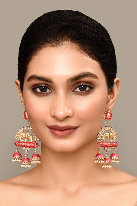 Shop_Nazaakat By Samara Singh_Pink Enamelled Stone Embellished Jhumkas _Online_at_Aza_Fashions