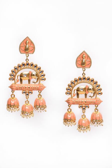 Nazaakat By Samara Singh_Peach Stone Embellished Enamelled Jhumkas _Online_at_Aza_Fashions