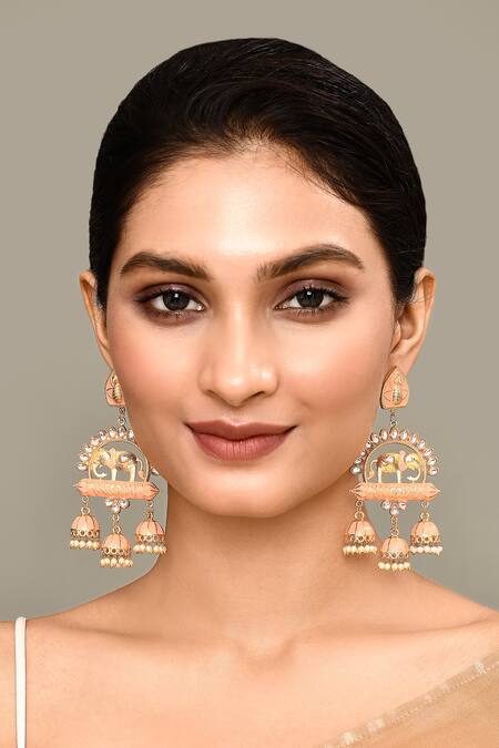Shop_Nazaakat By Samara Singh_Peach Stone Embellished Enamelled Jhumkas _Online_at_Aza_Fashions