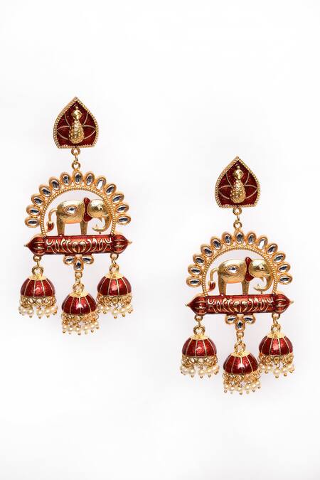 Nazaakat By Samara Singh_Maroon Enamelled Pearl Embellished Jhumkas _Online_at_Aza_Fashions