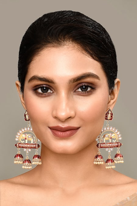 Shop_Nazaakat By Samara Singh_Maroon Enamelled Pearl Embellished Jhumkas _Online_at_Aza_Fashions