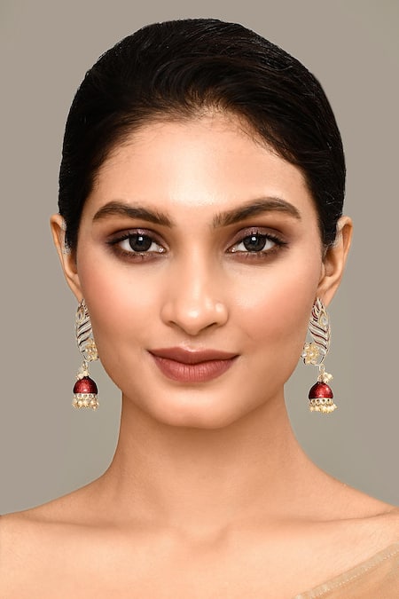 Shop_Nazaakat By Samara Singh_Maroon Enamelled Peacock Jhumkas _Online_at_Aza_Fashions